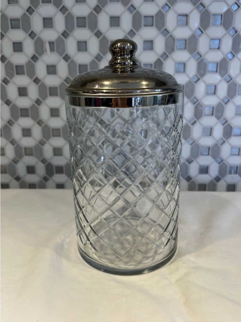 VTG Diamond Cut Glass Jar with Metal Decorative Tin Lid 8" Made in India